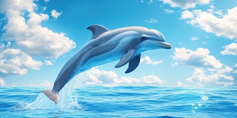 Dolphin is jumping out of the water. The sky is blue and there are clouds in the background