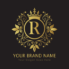 Letter Luxury brand logo design with a royal gold crown emblem and elegant typography
