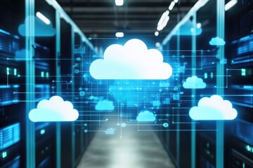 A modern server room filled with clouds, great for tech or business concepts