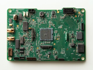 a green circuit board with various electronic components