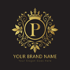 Letter Luxury brand logo design with a royal gold crown emblem and elegant typography

