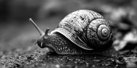 A snail is sitting on the ground, possibly waiting for food or resting