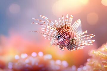 Lionfish swimming coral reef sunset ocean