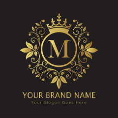 Letter Luxury brand logo design with a royal gold crown emblem and elegant typography

