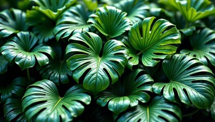 Fototapeta premium Lush cluster of tropical green leaves including monstera and palm fronds in vibrant digital art
