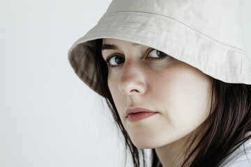 A person wearing a hat looks directly at the camera