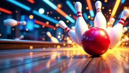 Vibrant red bowling ball striking white pins in dynamic action