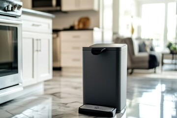 A black trash can on a kitchen floor