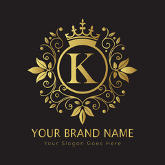 Letter Luxury brand logo design with a royal gold crown emblem and elegant typography
