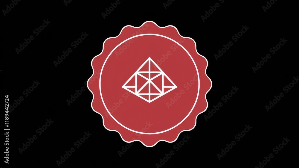 Poster a red circular badge with a white geometric diamond shape in the center.