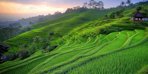 Fototapeta premium Lush green rice terraces at sunrise; idyllic rural landscape; perfect for travel brochures