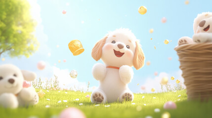 Obraz premium Cute cartoon puppies playing joyfully in sunny garden filled with toys