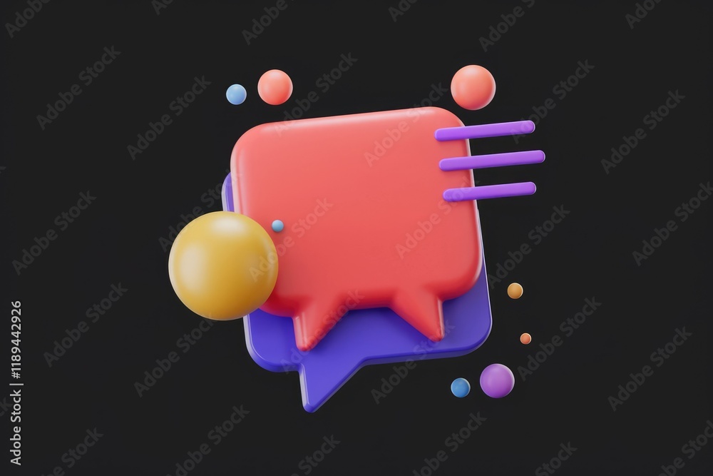 Poster 3D abstract illustration of colorful speech bubbles representing communication and conversation.