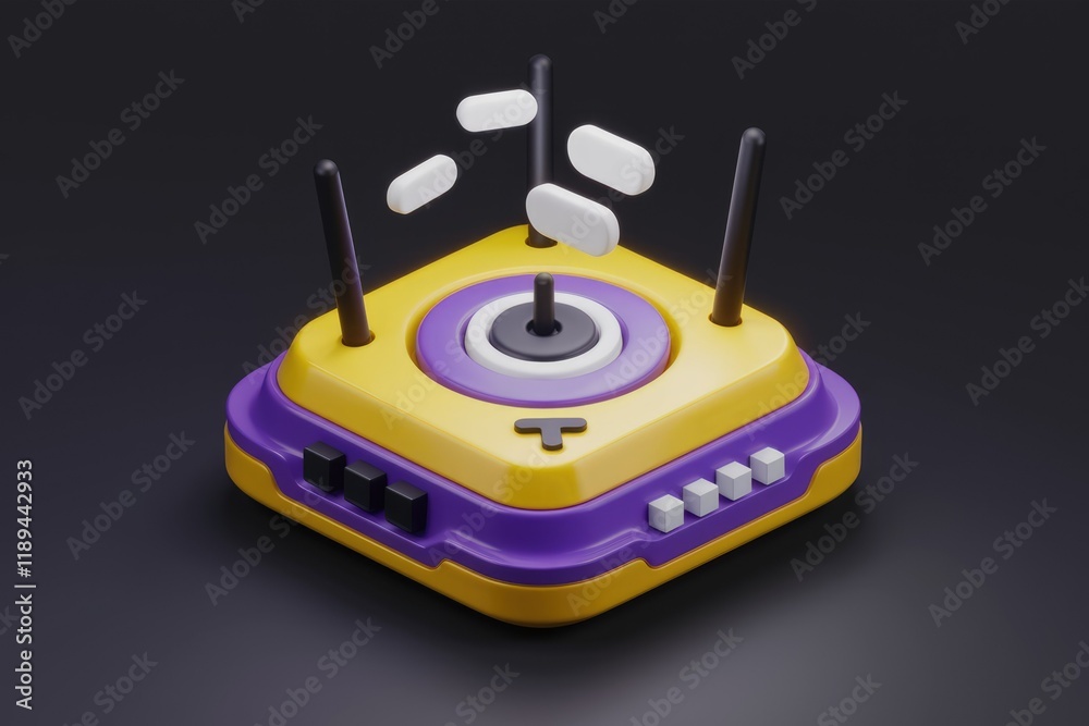Poster a stylized 3d render of a wireless router emitting signal waves, vibrant yellow and purple.