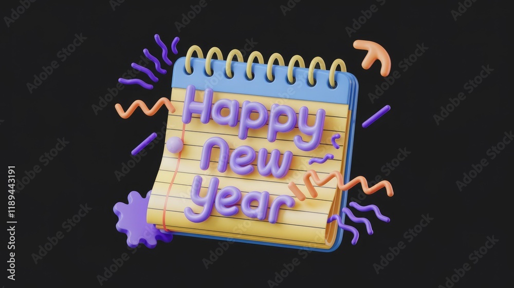 Poster a 3d rendered notepad wishes a happy new year with colorful, playful elements.