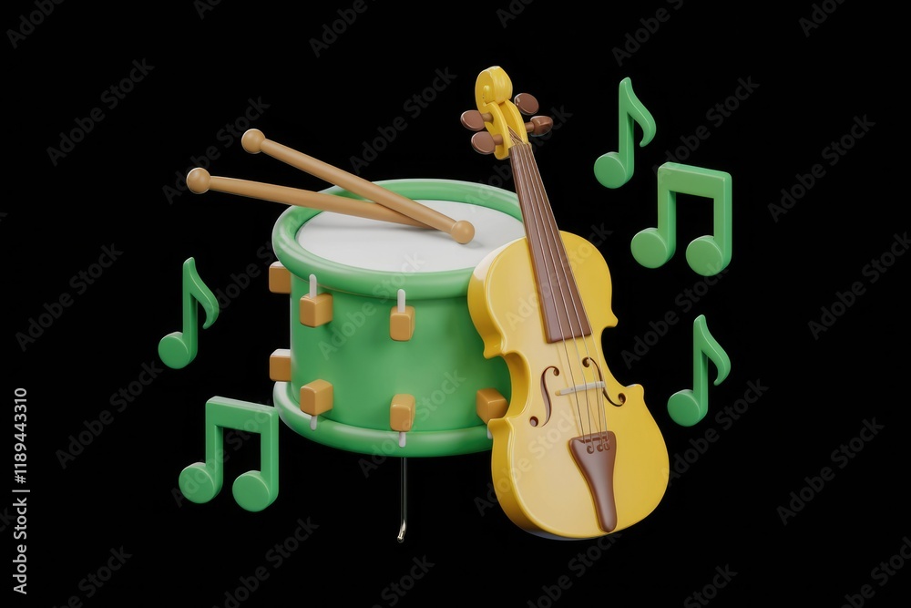Poster a 3d rendering of a green drum and yellow violin with musical notes.