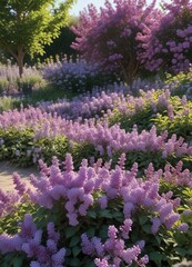Obraz premium A garden bed filled with lilac bushes in full bloom, garden bed, purple blooms