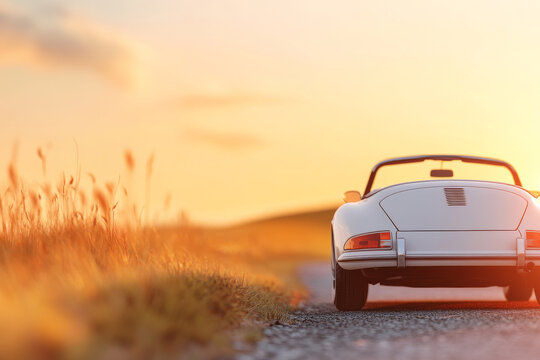 Fototapeta vintage car driving on scenic road at sunset, surrounded by nature beauty