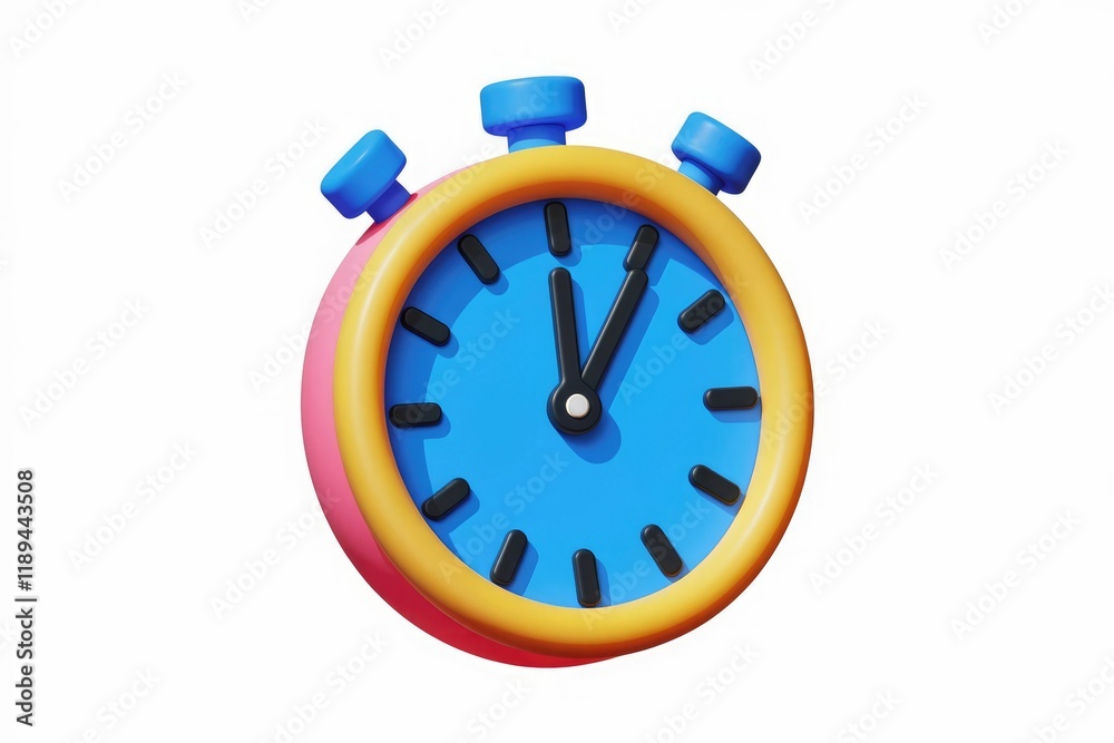 Poster a colorful 3d rendered stopwatch showing the time, a vibrant and playful design.
