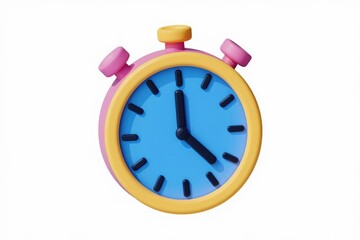 A 3D rendered cartoon stopwatch showing the time,  colorful and playful design.