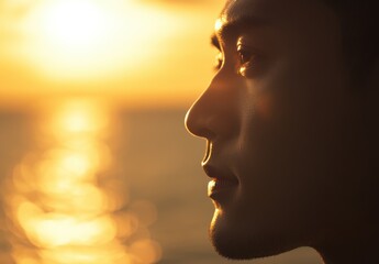 夕日を背景に思索にふける若者の横顔