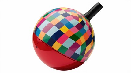 Obraz premium A vibrant, multicolored spinning top with a red base and a black handle, showcasing a geometric pattern.