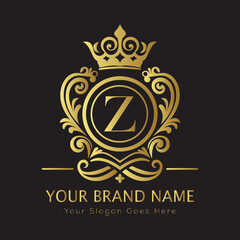 Letter Luxury brand logo design with a royal gold crown emblem and elegant typography
