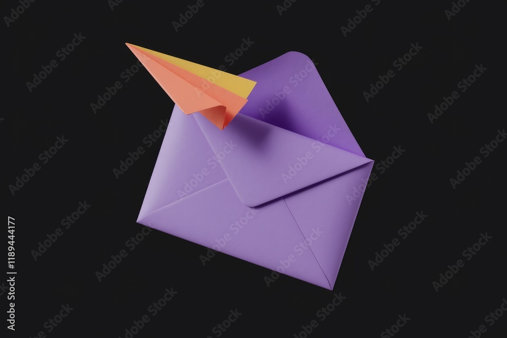Aufkleber a purple envelope with a colorful paper airplane inside, symbolizing sending messages.