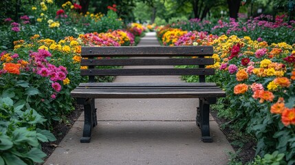 Peaceful wooden bench surrounded by colorful tulips in a vibrant spring garden setting