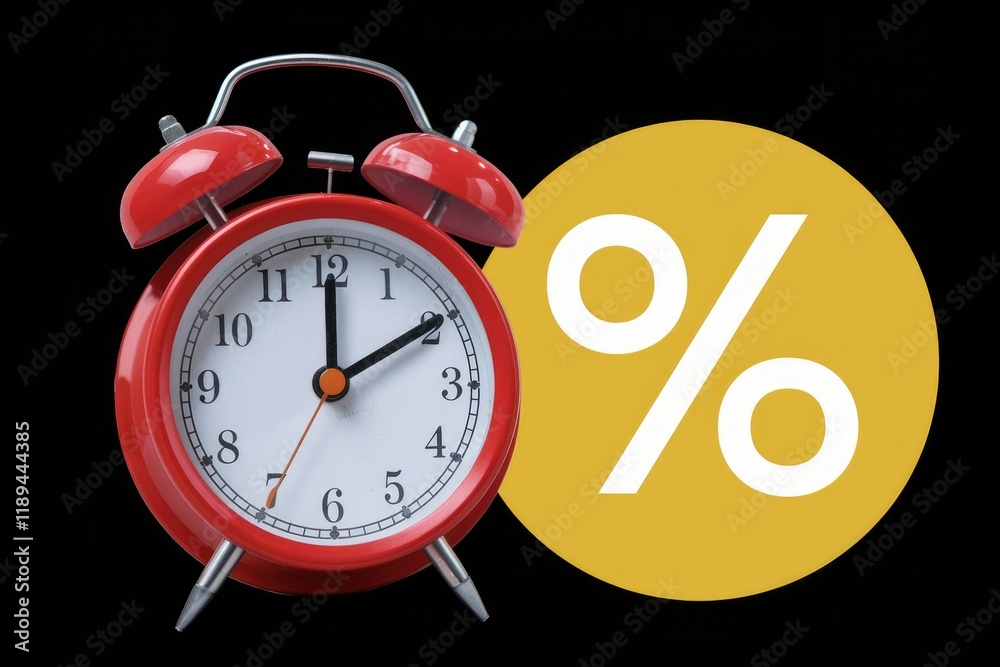 Poster red alarm clock beside a percentage symbol; time-sensitive discounts concept.