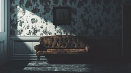 Sunlit vintage brown velvet couch in dimly lit room with patterned wallpaper.
