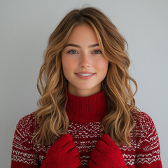 Young woman with wavy hair wearing red sweater in cozy indoor setting