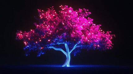 Neon Nature: 3D Rendered Glowing Tree with Vibrant Neon Leaves on a Black Background