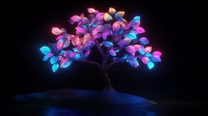 Neon Nature: 3D Rendered Glowing Tree with Vibrant Neon Leaves on a Black Background