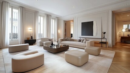 Elegant Parisian Living Room: Neutral Tones and Modern Minimalism