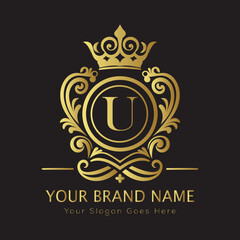 Letter Luxury brand logo design with a royal gold crown emblem and elegant typography
