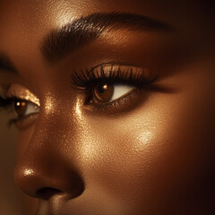 Close-up of beautiful brown eyes with glowing skin highlighting features and makeup details