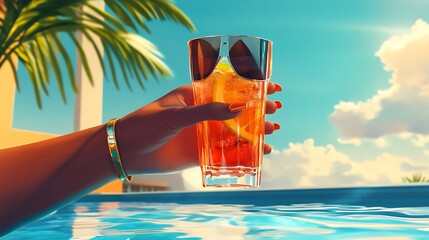 Poolside Vibes: A Person Holding a Cocktail with Sunglasses on a Sunny Day