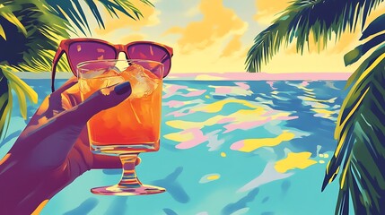 Poolside Vibes: A Person Holding a Cocktail with Sunglasses on a Sunny Day