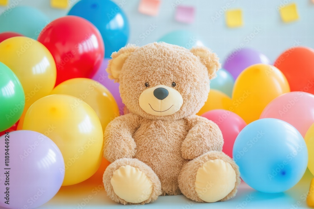 Poster Colorful balloons and toys create a joyful atmosphere in a cheerful child playroom filled with fun and imagination. Generative AI