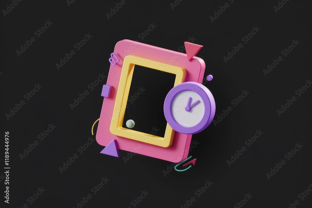 Poster A colorful 3D frame design with a clock, showcasing time management or scheduling concepts.