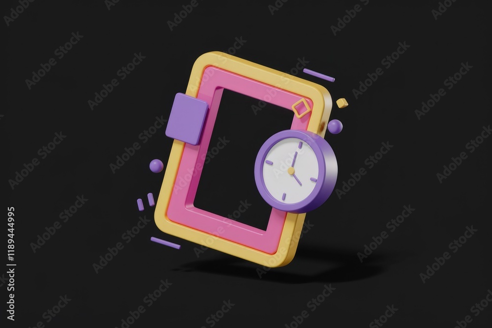 Poster Colorful 3D illustration of a frame with a clock, symbolizing time management and scheduling.