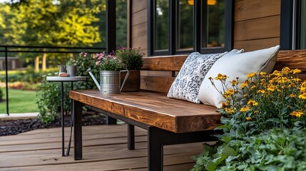 Wooden bench inviting relaxation on a modern porch