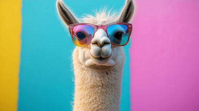 Llama wearing colorful sunglasses against a vibrant background enjoys a playful moment in a creative setting