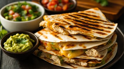 Grilled chicken quesadilla stacked high with melted cheese, topped with guacamole, salsa. Delicious snack meal. Perfect for quick bite casual dinner. Vibrant colors, textures of food make visually