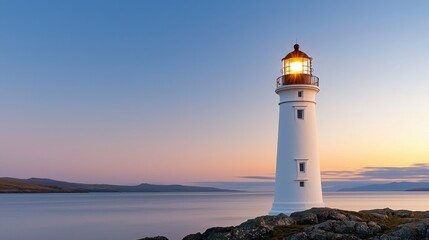 Tall Lighthouse on Rocky Shore at Sunset