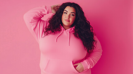 Woman wearing pink hoodie poses confidently against vibrant pink background in studio setting