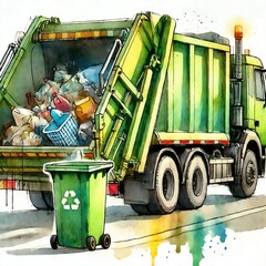 Close-up of rubbish truck emptying bin in vibrant watercolor hues