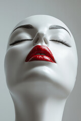 Elegant mannequin with red lips showcases timeless beauty and style in a minimalistic setting