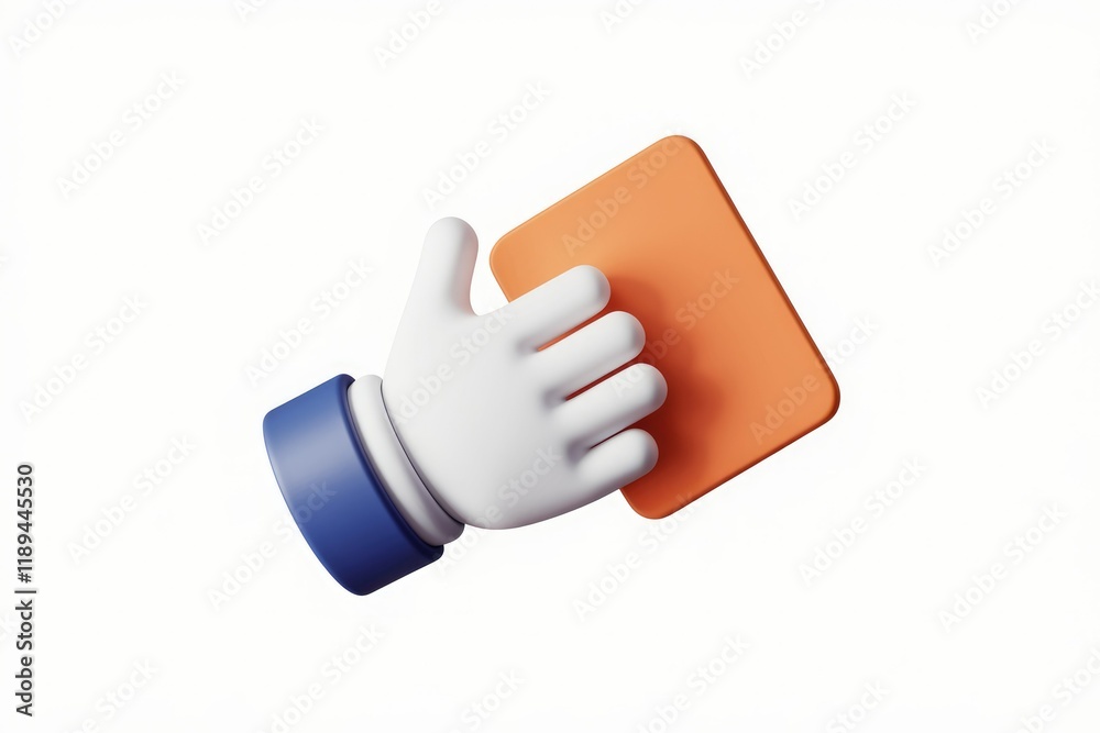 Poster A 3D rendering of a hand holding an orange square, possibly representing a digital tablet or notification.